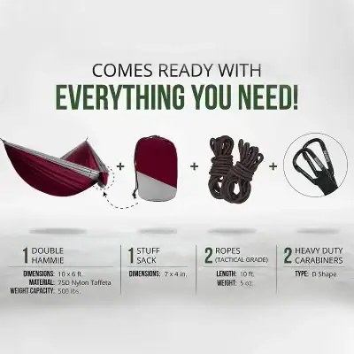 Sturdy double hammock, gear bag, tactical ropes, and heavy-duty carabiners designed for outdoor activities, relaxation, and travel with premium nylon taffeta materials and reliable load capacity.