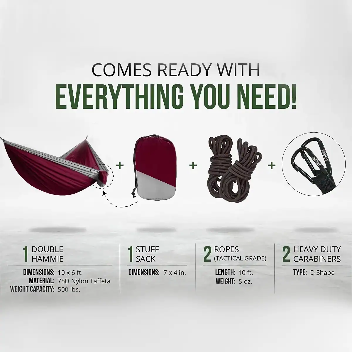 Sturdy double hammock, gear bag, tactical ropes, and heavy-duty carabiners designed for outdoor activities, relaxation, and travel with premium nylon taffeta materials and reliable load capacity.