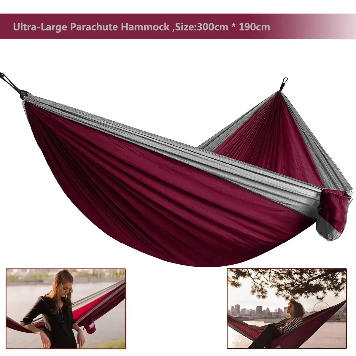 Lightweight red and gray outdoor parachute hammock, 300cm x 190cm, ideal for camping and relaxation; quick setup and durable material.