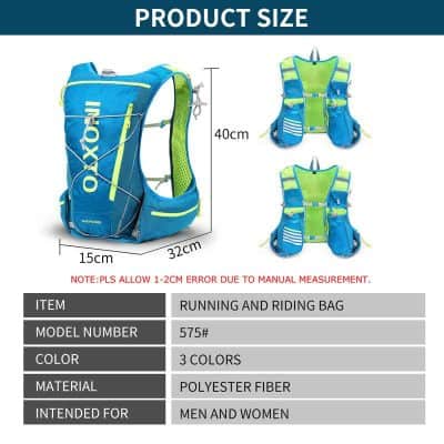 Blue and green running and riding backpack with adjustable straps, lightweight polyester fiber material, suitable for men and women, ideal for outdoor sports and hiking.