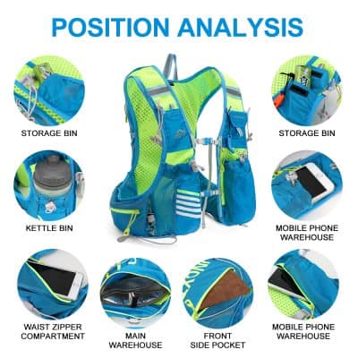 High-detail outdoor sports backpack with multiple storage compartments, hydration bladder pouch, and mobile phone warehouses for versatile hiking and adventure use.