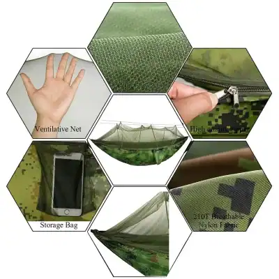 Hexagonal camping net, green mosquito bug net with storage pocket, high-quality nylon material for outdoor travel, breathable ventilation design, lightweight and durable insect shield for camping and backpacking.