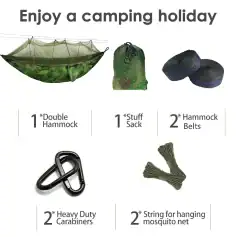 Waterproof camouflage camping hammock with accessories for outdoor recreation.