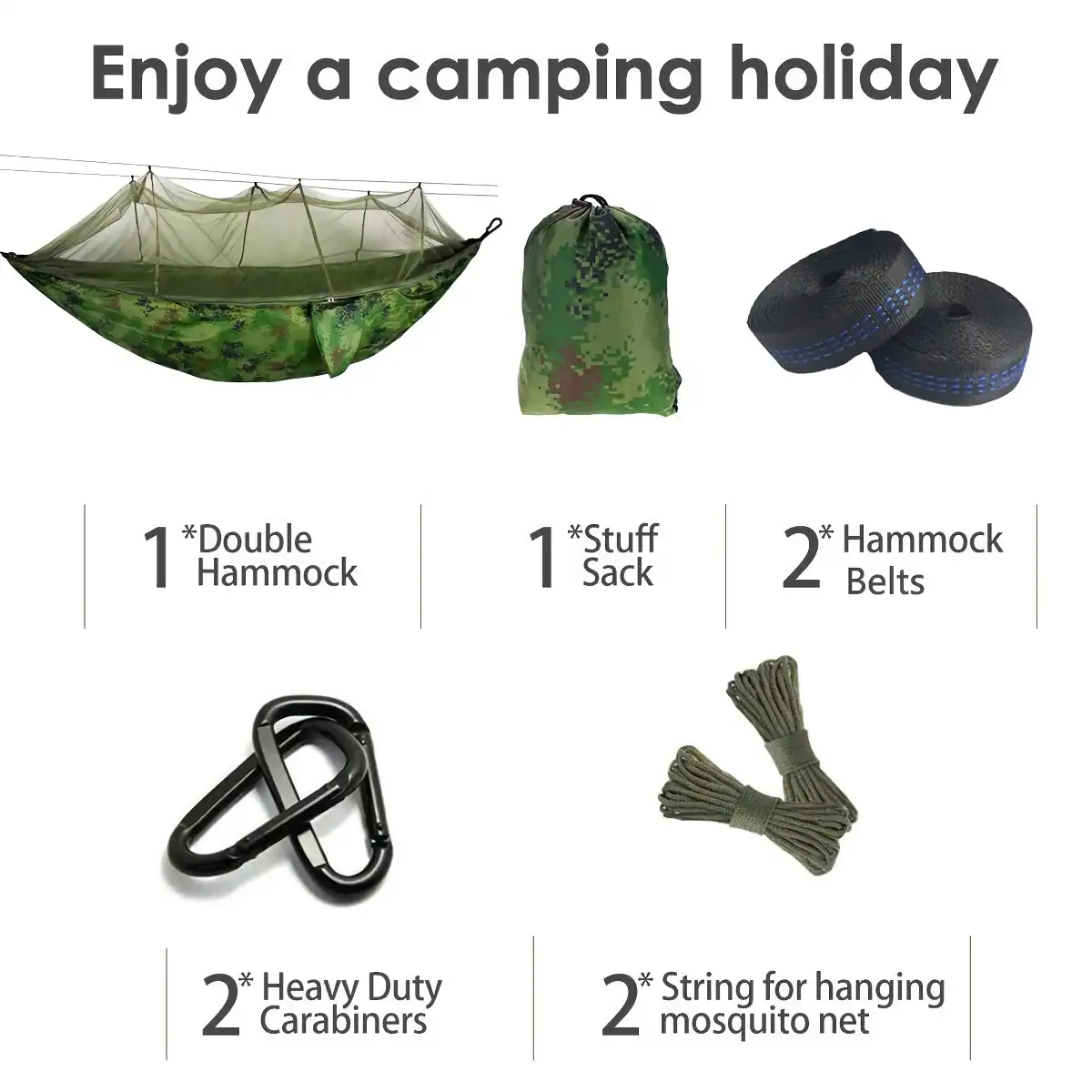 Waterproof camouflage camping hammock with accessories for outdoor recreation.