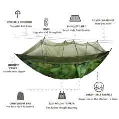 Portable mosquito net tent with durable nylon taffeta fabric, easy pack bag, double head zipper, and reinforced ropes for enhanced strength, providing effective pest control and safe outdoor protection.