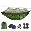 Lightweight camping hammock with camouflage print, includes carrying bag, suspension straps, carabiners, and ropes for outdoor leisure and camping trips.