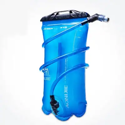 Blue portable hydration bladder with a bite valve for outdoor and medical use.