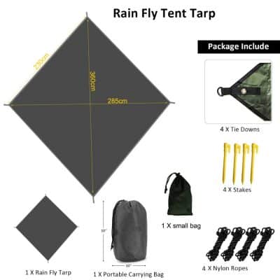 Lightweight rain fly tent tarp with durable waterproof material, includes stakes, tie downs, nylon ropes, portable carry bag, and small storage bag for camping and outdoor activities.