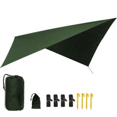 Lightweight green camping sunshade, portable outdoor canopy with stakes and ropes for camping, beach, or picnics. Easy setup with included accessories for outdoor shade protection.