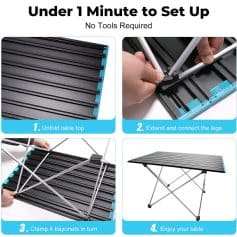 Unfolded black and blue portable table top with quick assembly steps.