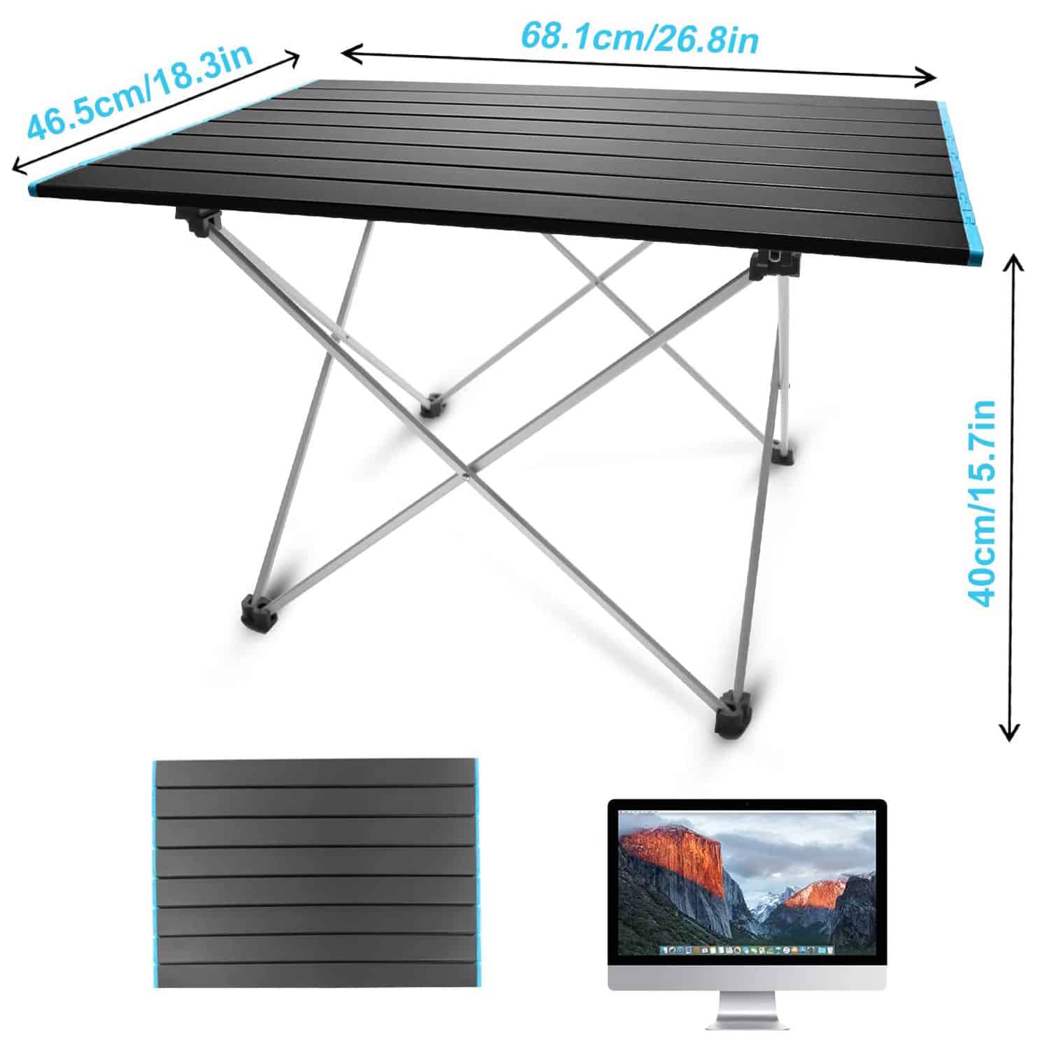 Aluminum folding camping table with black slatted surface, lightweight and portable, ideal for outdoor activities, picnics, and travel; sturdy metal legs with non-slip feet.