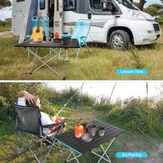 Camping gear and outdoor leisure products for travel and fishing activities in nature settings.