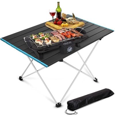 Portable electric grill for outdoor cooking and barbecues, perfect for picnics and gatherings. Features adjustable temperature control and foldable design for easy transport and storage.