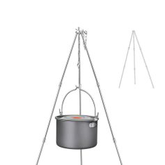 Stainless steel tripod cooking pot stand with adjustable height and hanging chain, ideal for outdoor camping and cooking. Durable, portable, and suitable for outdoor adventures.