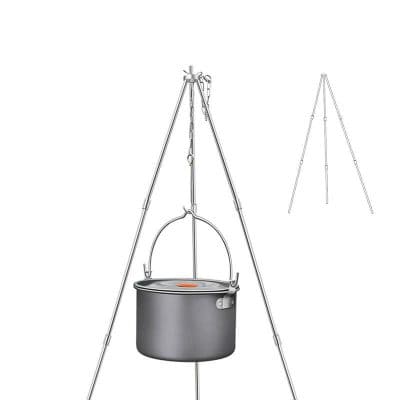Stainless steel tripod cooking pot stand with adjustable height and hanging chain, ideal for outdoor camping and cooking. Durable, portable, and suitable for outdoor adventures.