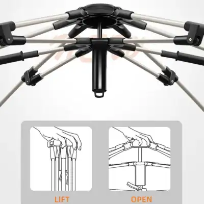 Liftable and adjustable parasol structure with easy installation and opening mechanism for outdoor patios, gardens, and cafes. Features durable materials for long-lasting shade solution.