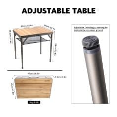 Lightweight portable outdoor table with adjustable legs, wooden top, and mesh storage shelf, ideal for picnics and camping trips.