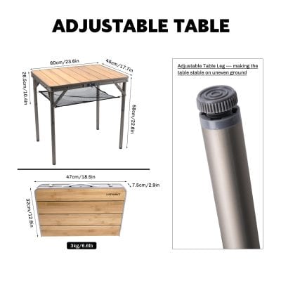 Lightweight portable outdoor table with adjustable legs, wooden top, and mesh storage shelf, ideal for picnics and camping trips.