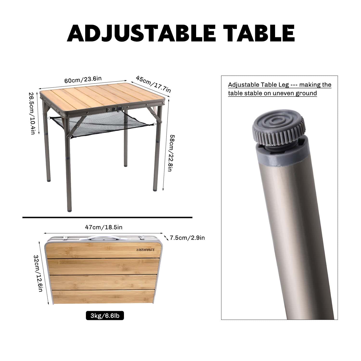 Lightweight portable outdoor table with adjustable legs, wooden top, and mesh storage shelf, ideal for picnics and camping trips.