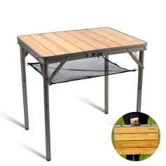 Portable folding outdoor camping table with a wooden top and mesh storage shelf, lightweight and easy to carry for picnics, hiking, and outdoor activities.