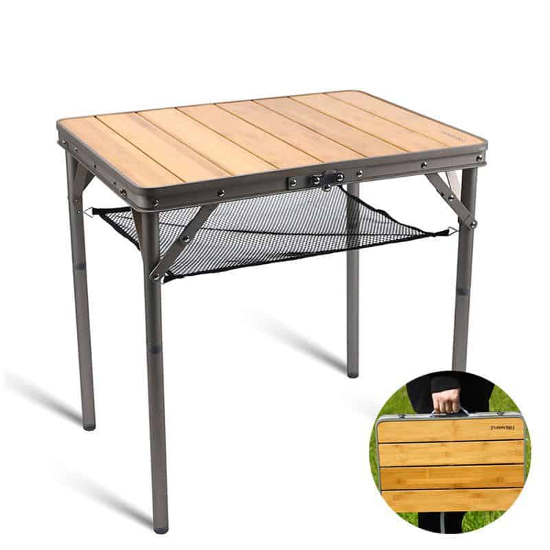 Portable folding outdoor camping table with a wooden top and mesh storage shelf, lightweight and easy to carry for picnics, hiking, and outdoor activities.