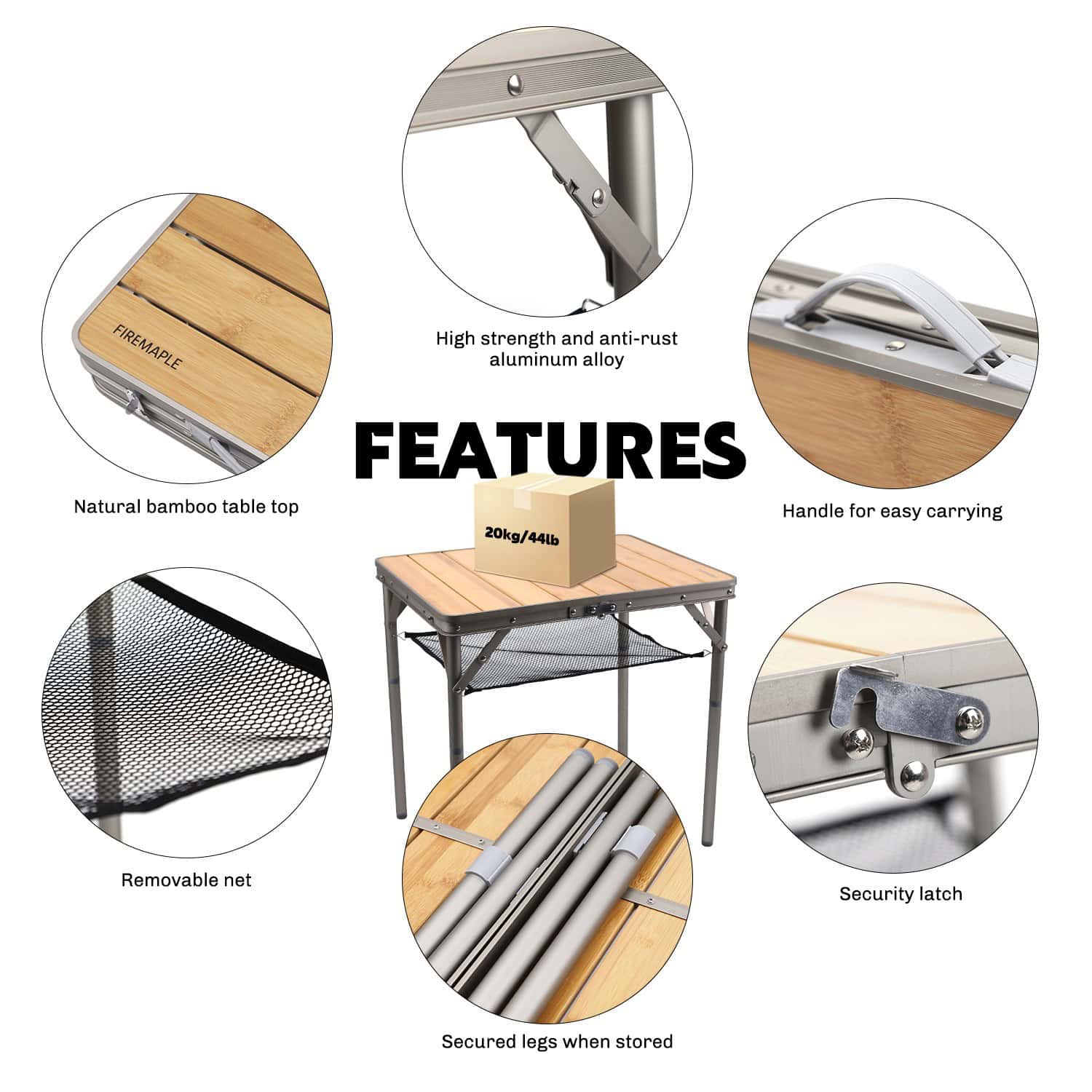 Natural bamboo table top for portable outdoor cooking or serving; sturdy aluminum alloy frame with secure storage and easy-to-carry handle.
