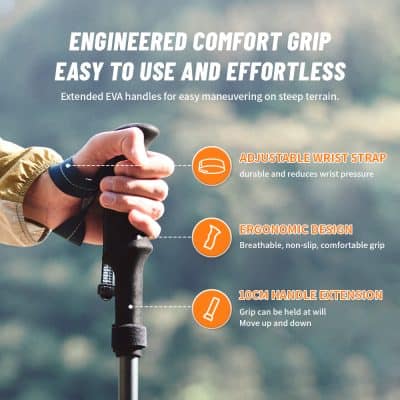 Extended EVA handle grip with adjustable wrist strap for comfortable maneuvering on steep terrain, featuring ergonomic design and 10cm handle extension for better control and support during outdoor activities.