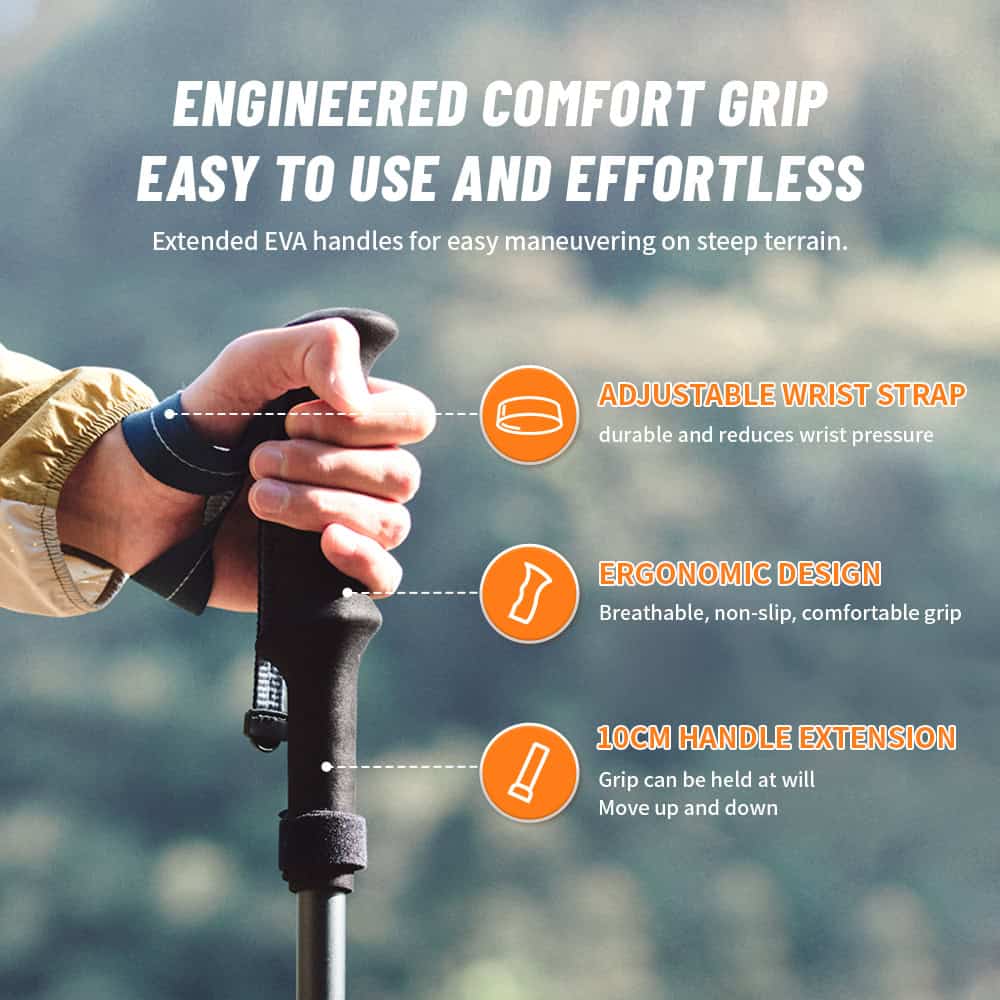 Extended EVA handle grip with adjustable wrist strap for comfortable maneuvering on steep terrain, featuring ergonomic design and 10cm handle extension for better control and support during outdoor activities.