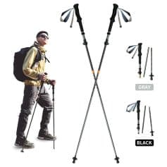 Aluminum trekking poles for hiking and trekking, foldable walking sticks with adjustable height, lightweight outdoor trekking accessories, available in gray and black colors.