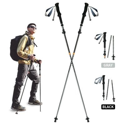 Aluminum trekking poles for hiking and trekking, foldable walking sticks with adjustable height, lightweight outdoor trekking accessories, available in gray and black colors.