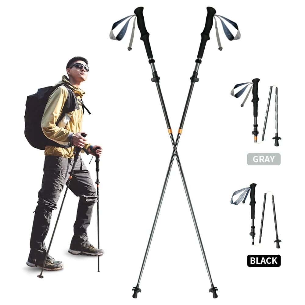 Aluminum trekking poles for hiking and trekking, foldable walking sticks with adjustable height, lightweight outdoor trekking accessories, available in gray and black colors.