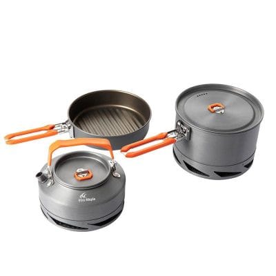 Eco-friendly portable camping stove set with non-stick cookware, perfect for outdoor cooking and hiking adventures. Compact design for easy transport and quick meal prep.