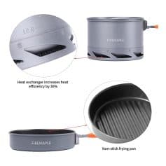 Lightweight non-stick frying pan with heat exchanger for improved heat efficiency, perfect for cooking and ideal for use with FireMaple camping stoves.