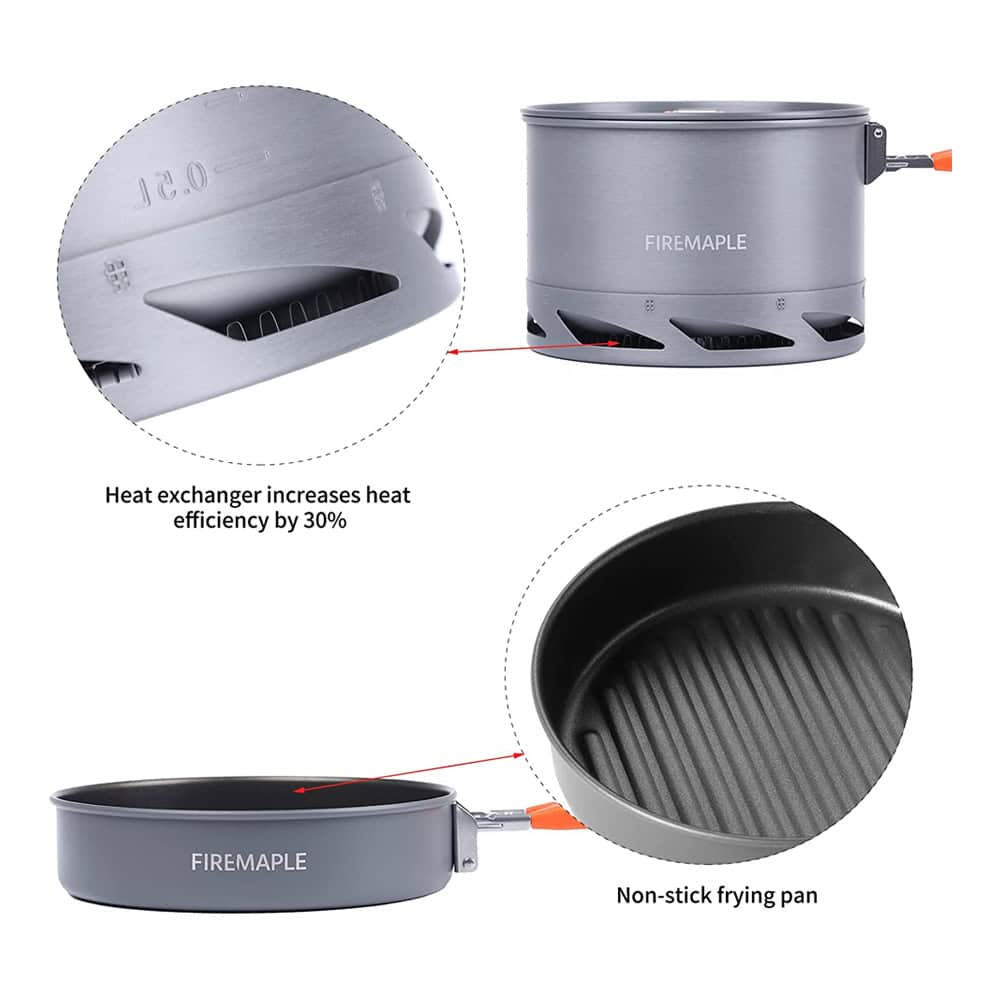 Lightweight non-stick frying pan with heat exchanger for improved heat efficiency, perfect for cooking and ideal for use with FireMaple camping stoves.