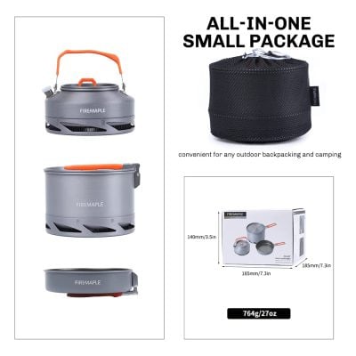Stainless steel camping cookware set by FireMaple, includes pots, pans, and utensils for outdoor cooking, compact and portable for camping and backpacking.