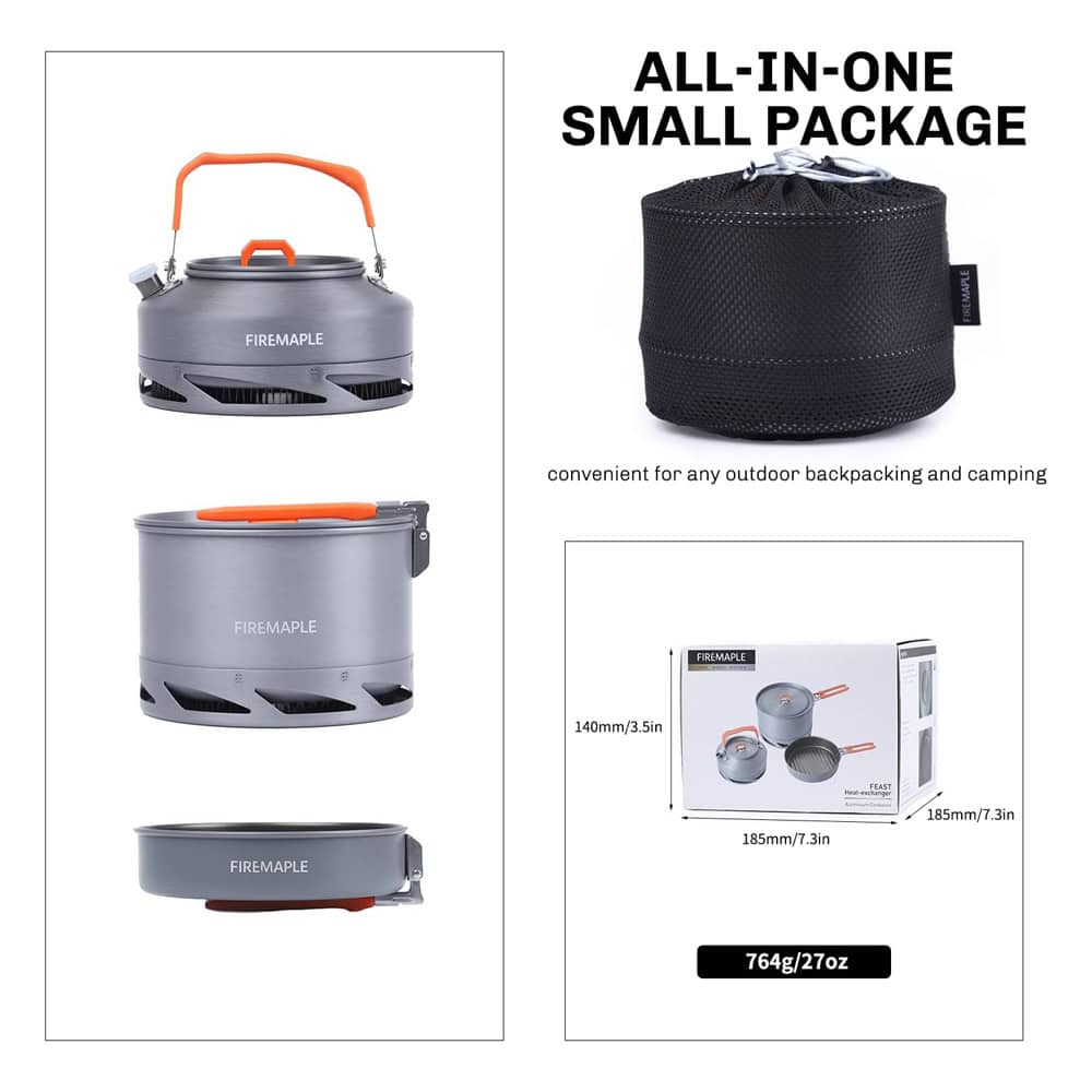 Stainless steel camping cookware set by FireMaple, includes pots, pans, and utensils for outdoor cooking, compact and portable for camping and backpacking.