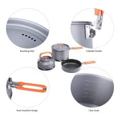 Durable stainless steel camping cookware set with foldable handles, breathing holes, heat insulation design, and clear measurement scale, ideal for outdoor cooking and camping trips.