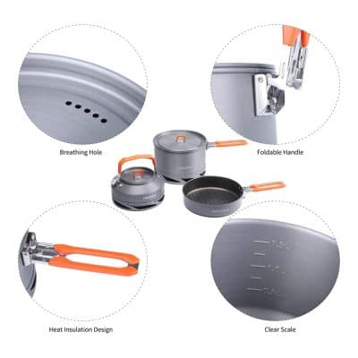 Durable stainless steel camping cookware set with foldable handles, breathing holes, heat insulation design, and clear measurement scale, ideal for outdoor cooking and camping trips.