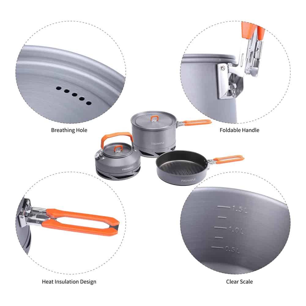 Durable stainless steel camping cookware set with foldable handles, breathing holes, heat insulation design, and clear measurement scale, ideal for outdoor cooking and camping trips.
