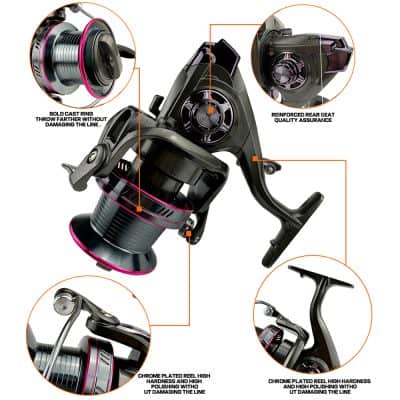 Spinning reel for fishing with chrome plated high hardness reel and reinforced rear seat, ideal for tackle shops and anglers, featuring bold cast ring for longer throws and durable construction.