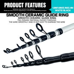 Flexible fishing rod with ceramic guide rings designed for smooth casting and durability; available in white and black.