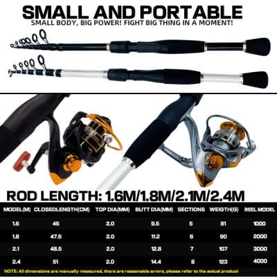 1. Small portable fishing rod set with adjustable lengths of 1.6m, 1.8m, 2.1m, and 2.4m, featuring lightweight, durable materials ideal for outdoor fishing adventures.