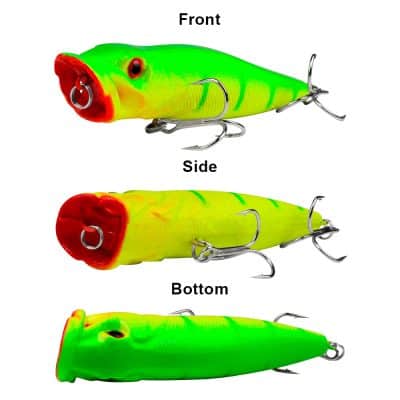 Colorful fishing lure with multiple hooks, designed for freshwater and saltwater fishing, featuring a bright green, yellow, and red body for attracting fish.
