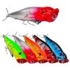 Floating fishing lures with vibrant colors for freshwater and saltwater fishing, including red, yellow, orange, black, and blue options for bass, pike, and saltwater fish species.