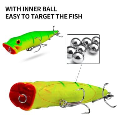 Bright green and red fishing lure with metal balls and treble hooks, designed for targeting fish, sold at Monalisa Store. Ideal fishing bait with realistic appearance and enticing movement.