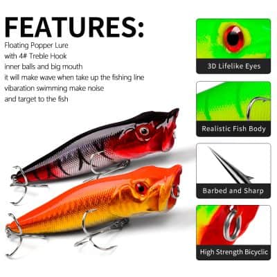 Floating fishing lures with 3D lifelike eyes, realistic fish body, sharp barbed hooks, and high-strength bicycles for effective fishing. Perfect for targeting fish with durable, realistic designs.