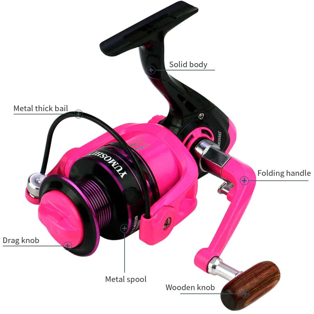 Bright pink vintage-style fishing reel with metal spool, solid body, folding handle, wooden and metal knobs, ideal for women’s fishing gear and outdoor sports.