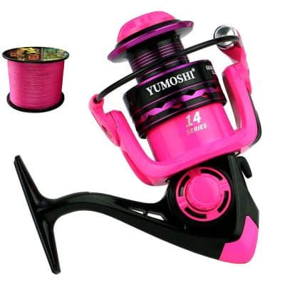Pink fishing reel with spool of bright pink fishing line, YUMOSHI 14 series for freshwater and saltwater fishing, lightweight and durable fishing gear, ideal for anglers seeking quality fishing equipment.