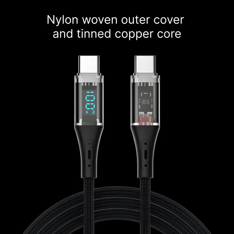 Nylon woven outer cover and tinned copper core USB-C charging cable with LED display and durable braided design for fast charging and data transfer.
