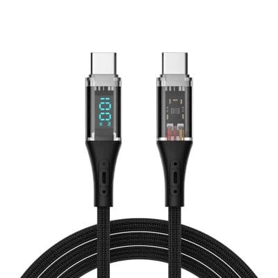 High-quality USB-C to USB-C charging and data transfer cable with digital display, compatible with smartphones, tablets, and other devices, designed for fast and reliable connectivity.